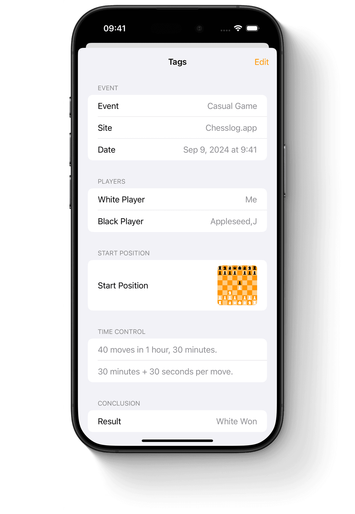 Tag list view displaying detailed PGN game metadata including event, date, players, result, and additional tags on iPhone.